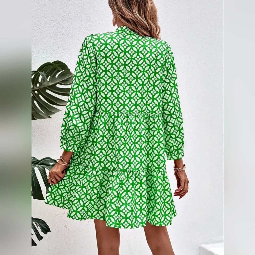 New Preppy Floral Smock Babydoll Ruffle Dress Green White - Picture 3 of 8